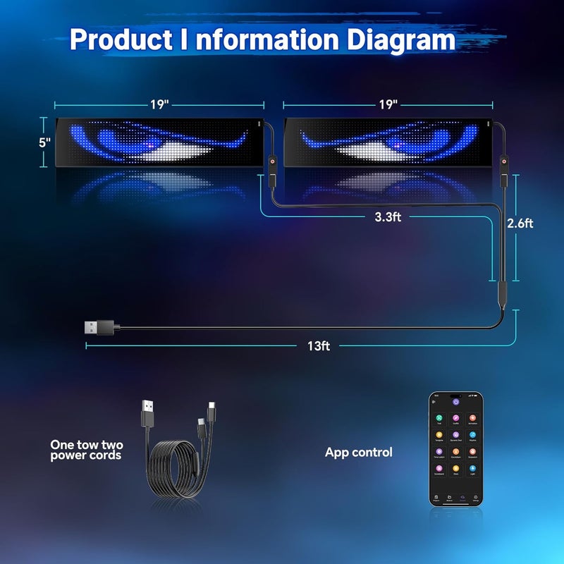 GOTUS Devil Eyes Light for Cars,Flexible Scrolling Programmable LED Signs,LED Eyes for Truck Windshield,Custom Editor Colours,Animations,Text (19"x 5"/2Pcs) - Image 5